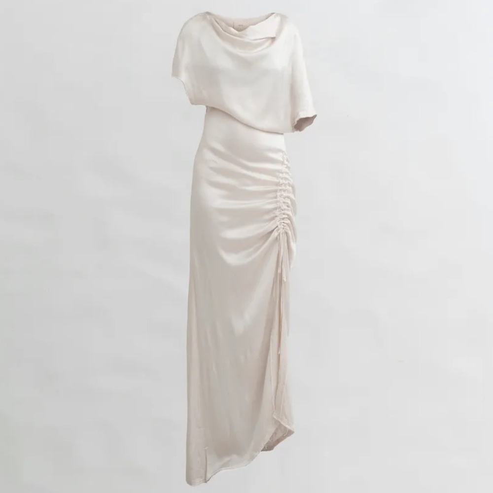 Asymmetrical ruched midi dress in viscose satin